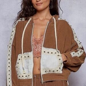 🌺POL Brown and Cream Studded Hoodie